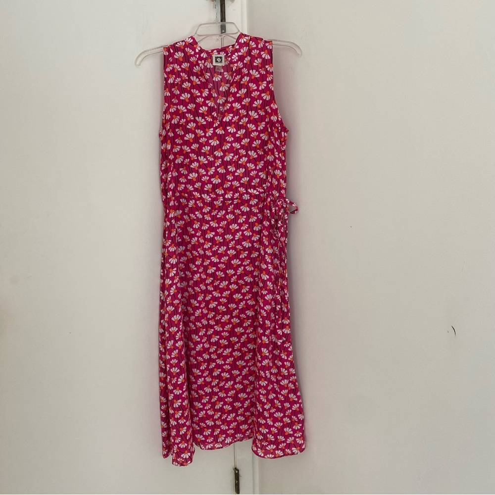 Fuchsia Bright Pink Daisy Print Floral Sleeveless Midi Dress with Pockets Picnic